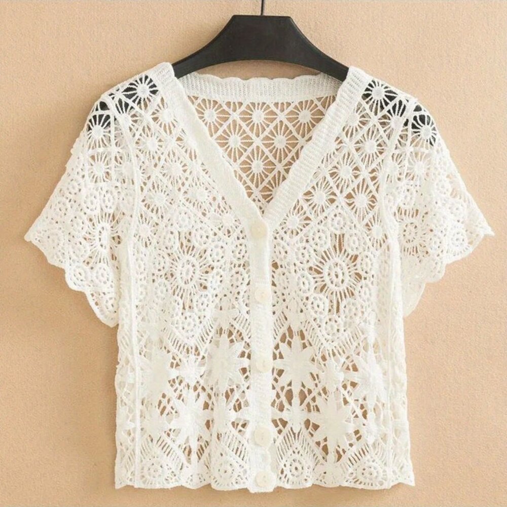 Unbranded Crocheted Knit Apricot Button Down Short Sleeve Cardigan Sz S/M NEW